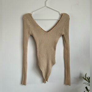 Hera Collection - Deep V-Neck Ribbed Knit Bodysuit